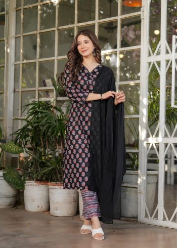 NEW ARRIVAL COTTON PRINTED PLAIN TOP BOTTOM WITH DUPATTA BLACK