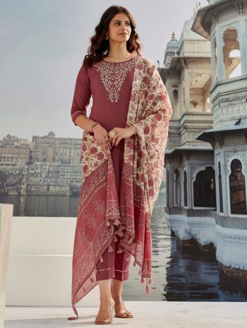 NEW ARRIVAL COTTON SILK EMBROIDERY WORK TOP BOTTOM WITH DUPATTA  BROWN