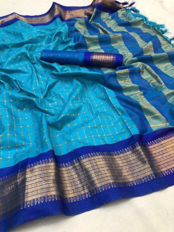 NEW ARRIVAL COTTON SILK JECQUARD WEAVING WORK SAREE WITH UNSTITCHED BLOUSE SKY