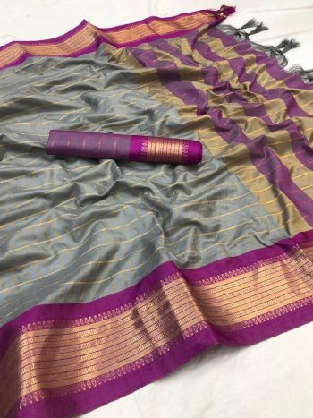 NEW ARRIVAL COTTON SILK JECQUARD WEAVING WORK SAREE WITH UNSTITCHED BLOUSE GREY