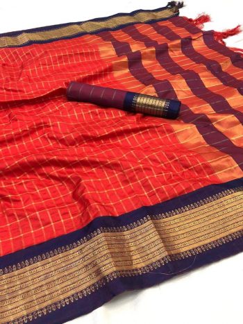 NEW ARRIVAL COTTON SILK JECQUARD WEAVING WORK SAREE WITH UNSTITCHED BLOUSE RED