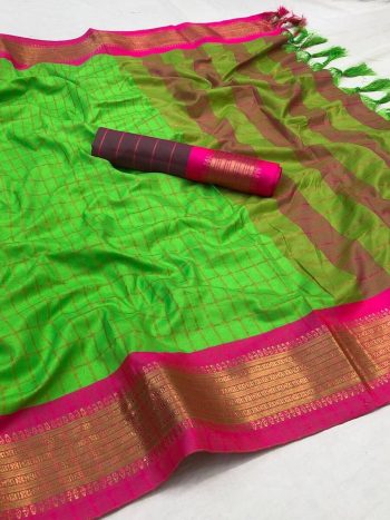 NEW ARRIVAL COTTON SILK JECQUARD WEAVING WORK SAREE WITH UNSTITCHED BLOUSE  PARROT GREEN