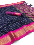 NEW ARRIVAL COTTON SILK JECQUARD WEAVING WORK SAREE WITH UNSTITCHED BLOUSE NAVY BLUE