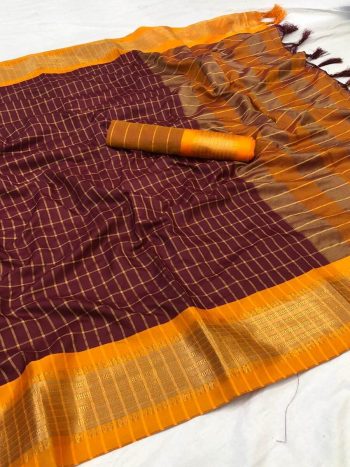 NEW ARRIVAL COTTON SILK JECQUARD WEAVING WORK SAREE WITH UNSTITCHED BLOUSE BROWN