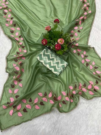 NEW ARRIVAL CRUSH GEORGETTE THREAD EMBROIDER WORK SAREE WITH UNSTITCH BLOUSE PARROT GREEN