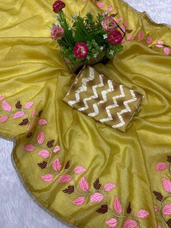 NEW ARRIVAL CRUSH GEORGETTE THREAD EMBROIDER WORK SAREE WITH UNSTITCH BLOUSE YELLOW