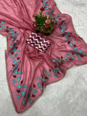 NEW ARRIVAL CRUSH GEORGETTE THREAD EMBROIDER WORK SAREE WITH UNSTITCH BLOUSE PINK