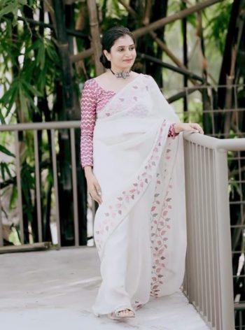 NEW ARRIVAL CRUSH GEORGETTE THREAD EMBROIDER WORK SAREE WITH UNSTITCH BLOUSE WHITE
