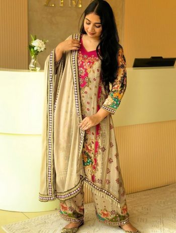 NEW ARRIVAL DIGITAL PRINTED WITH REAL MIRROR HAND WORK TOP BOTTOM WITH DUPATTA CREAM