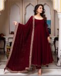 NEW ARRIVAL FAUX GEORGETTE EMBROIDERY SEQUENCE LACE WORK GOWN BOTTOM WITH DUPATTA  MAROON