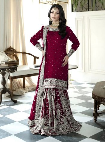 NEW ARRIVAL FAUX GEORGETTE EMBROIDERY SEQUENCE WORK  TOP SHARARA WITH DUPATTA MAROON
