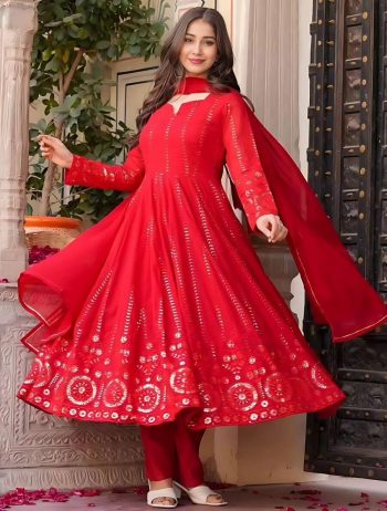NEW ARRIVAL FAUX GEORGETTE EMBROIDERY WORK GOWN BOTTOM WITH DUPATTA RED