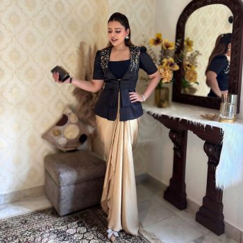 NEW ARRIVAL FRENCH CRAPE SEQUENCE EMBROIDERY WORK BLOUSE AND BLAZER WITH SATIN SILK PLEATED DHOTI BLACK