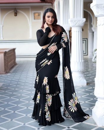 NEW ARRIVAL GEORGETTE DIGITAL PRINTED LEHENGA SAREE ATTATCHED DUPATTA WITH STITCHED BLOUSE BLACK