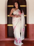 NEW ARRIVAL GEORGETTE DIGITAL PRINTED WITH FANCY LACE WORK SAREE WITH UNSTITCHED BLOUSE  WHITE
