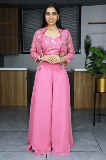 NEW ARRIVAL GEORGETTE EMBROIDERY SEQUENCE WORK TOP BOTTOM WITH KOTI PINK