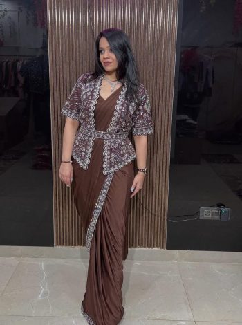 NEW ARRIVAL GEORGETTE SEQUENCE EMBROIDERY WORK READY TO WEAR SAREE KOTI WAIST BELT WITH STITCHED BLOUSE BROWN
