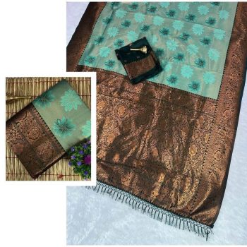NEW ARRIVAL KANJIVARAM SILK COPPER AND GOLD  ZARI WEAVING WORK SAREE WITH UNSTITCHED BLOUSE   RAMA