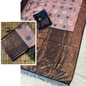 NEW ARRIVAL KANJIVARAM SILK COPPER AND GOLD  ZARI WEAVING WORK SAREE WITH UNSTITCHED BLOUSE  BABY PINK