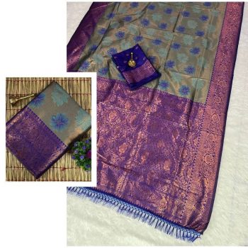 NEW ARRIVAL KANJIVARAM SILK COPPER AND GOLD  ZARI WEAVING WORK SAREE WITH UNSTITCHED BLOUSE  PURPLE