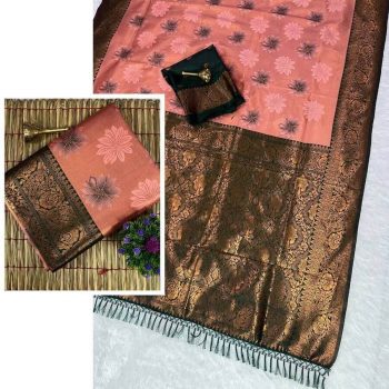 NEW ARRIVAL KANJIVARAM SILK COPPER AND GOLD  ZARI WEAVING WORK SAREE WITH UNSTITCHED BLOUSE  PEACH