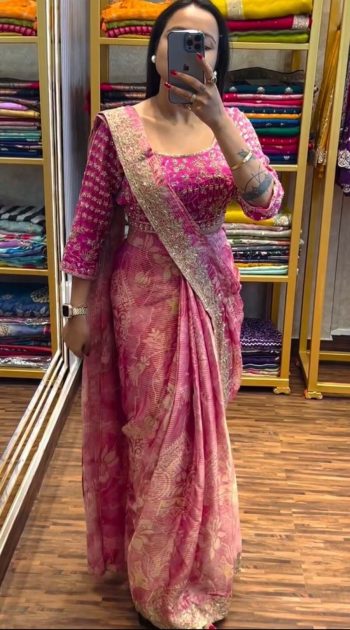 NEW ARRIVAL ORGANZA EMBROIDERY SEQUENCE WORK AND DIGITAL PRINTED READY TO WEAR SAREE WITH STITCHED BLOUSE PINK