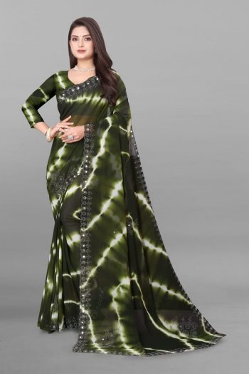 NEW ARRIVAL PURE VETLESS HOT FIX WORK SAREE WITH UNSTITCHED BLOUSE MEHNDI