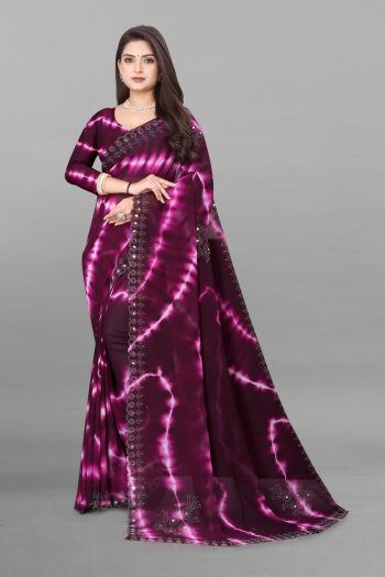 NEW ARRIVAL PURE VETLESS HOT FIX WORK SAREE WITH UNSTITCHED BLOUSE PURPLE