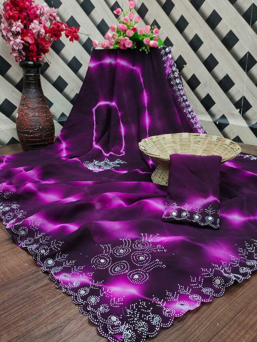 NEW ARRIVAL PURE VETLESS HOT FIX WORK SAREE WITH UNSTITCHED BLOUSE CASUAL WEAR WHOLESALE PRICE ETHNIC GARMENT (25)