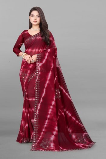 NEW ARRIVAL PURE VETLESS HOT FIX WORK SAREE WITH UNSTITCHED BLOUSE MAROON