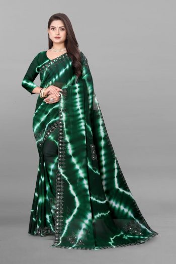 NEW ARRIVAL PURE VETLESS HOT FIX WORK SAREE WITH UNSTITCHED BLOUSE GREEN
