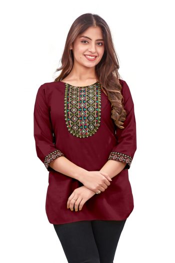 NEW ARRIVAL RAYON EMBROIDERY WORK KURTI MAROON