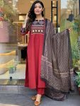 NEW ARRIVAL RAYON RADYMADE LACE WORK TOP BOTTOM WITH DUPATTA MAROON