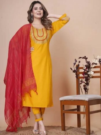 NEW ARRIVAL RAYON SLUB EMBROIDERY WORK TOP BOTTOM WITH DUPATTA  YELLOW
