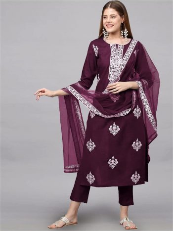 NEW ARRIVAL RAYON THREAD EMBROIDERY WORK TOP BOTTOM WITH DUPATTA WINE