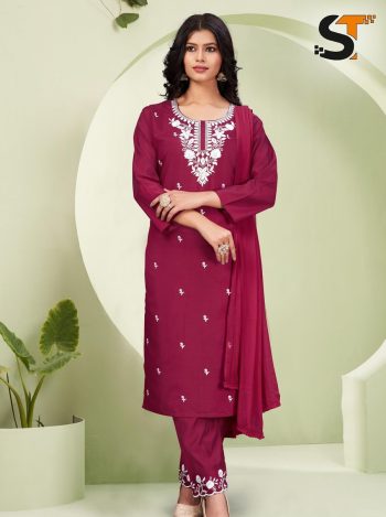 NEW ARRIVAL ROMAN SILK EMBROIDERY SEQUENCE WORK TOP BOTTOM WITH DUPATTA MAROON