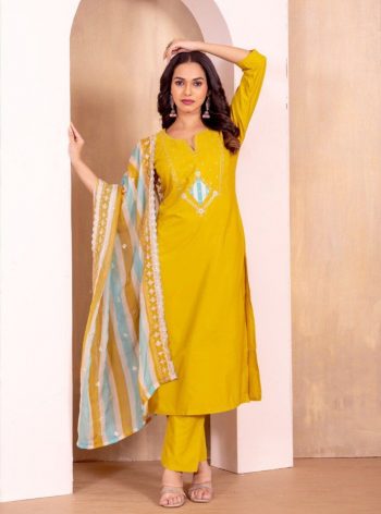 NEW ARRIVAL ROMAN SILK EMBROIDERY WORK TOP BOTTOM WITH DUPATTA YELLOW