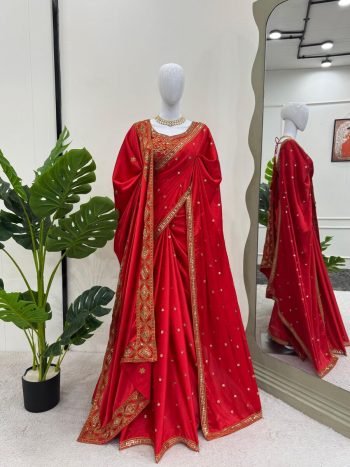 NEW ARRIVAL SATIN THREAD SEQUENCE WORK SAREE UNSTITCHED BLOUSE WITH DUPATTA RED