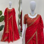 NEW ARRIVAL SATIN THREAD SEQUENCE WORK SAREE UNSTITCHED BLOUSE WITH DUPATTA PARTY WEAR WHOLESALE PRICE ETHNIC GARMENT (4)