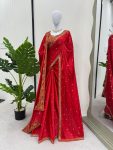 NEW ARRIVAL SATIN THREAD SEQUENCE WORK SAREE UNSTITCHED BLOUSE WITH DUPATTA PARTY WEAR WHOLESALE PRICE ETHNIC GARMENT (4)