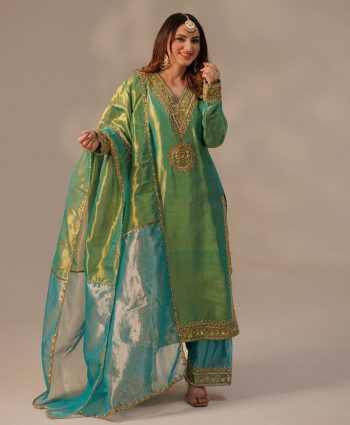 NEW ARRIVAL TWILL NET SILK EMBROIDERY SEQUENCE LACE WORK TOP PALAZZO WITH DUPATTA PAROOT GREEN