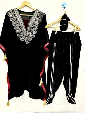 NEW ARRIVAL VELVET CODING EMBROIDERY SEQUENCE WORK KAFTAN AND DHOTI PANT WITH POTLI BLACK