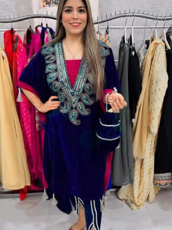 NEW ARRIVAL VELVET CODING EMBROIDERY SEQUENCE WORK KAFTAN AND DHOTI PANT WITH POTLI NAVY BLUE