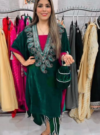 NEW ARRIVAL VELVET CODING EMBROIDERY SEQUENCE WORK KAFTAN AND DHOTI PANT WITH POTLI GREEN