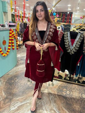 NEW ARRIVAL VELVET CODING EMBROIDERY SEQUENCE WORK KAFTAN AND DHOTI PANT WITH POTLI MAROON
