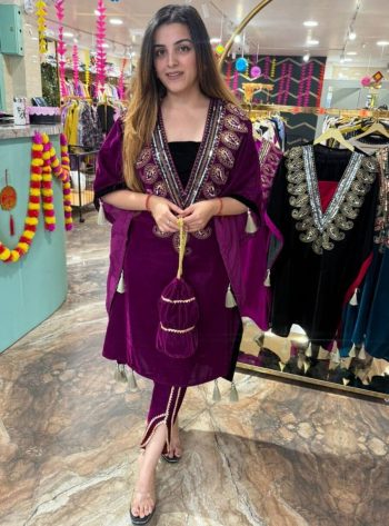 NEW ARRIVAL VELVET CODING EMBROIDERY SEQUENCE WORK KAFTAN AND DHOTI PANT WITH POTLI WINE