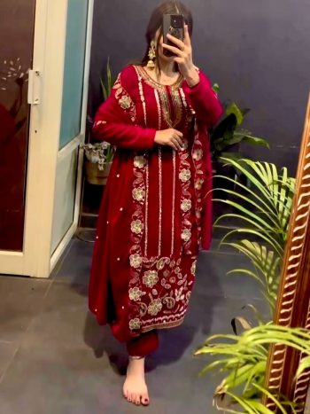 NEW ARRIVAL VELVET EMBROIDERY SEQUENCE WORK TOP BOTTOM WITH DUPATTA MAROON