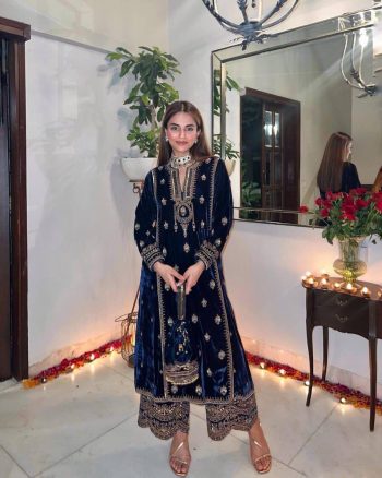 NEW ARRIVAL VELVET ZARI EMBROIDERY WORK TOP PALAZZO WITH DUPATTA NAVY BLUE