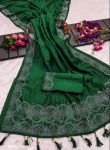 NEW ARRIVAL VICHITRA SILK HOT FIX WORK SAREE WITH UNSTITCHED BLOUSE GREEN