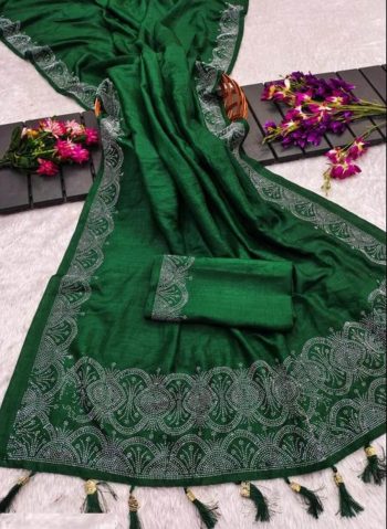 NEW ARRIVAL VICHITRA SILK HOT FIX WORK SAREE WITH UNSTITCHED BLOUSE GREEN